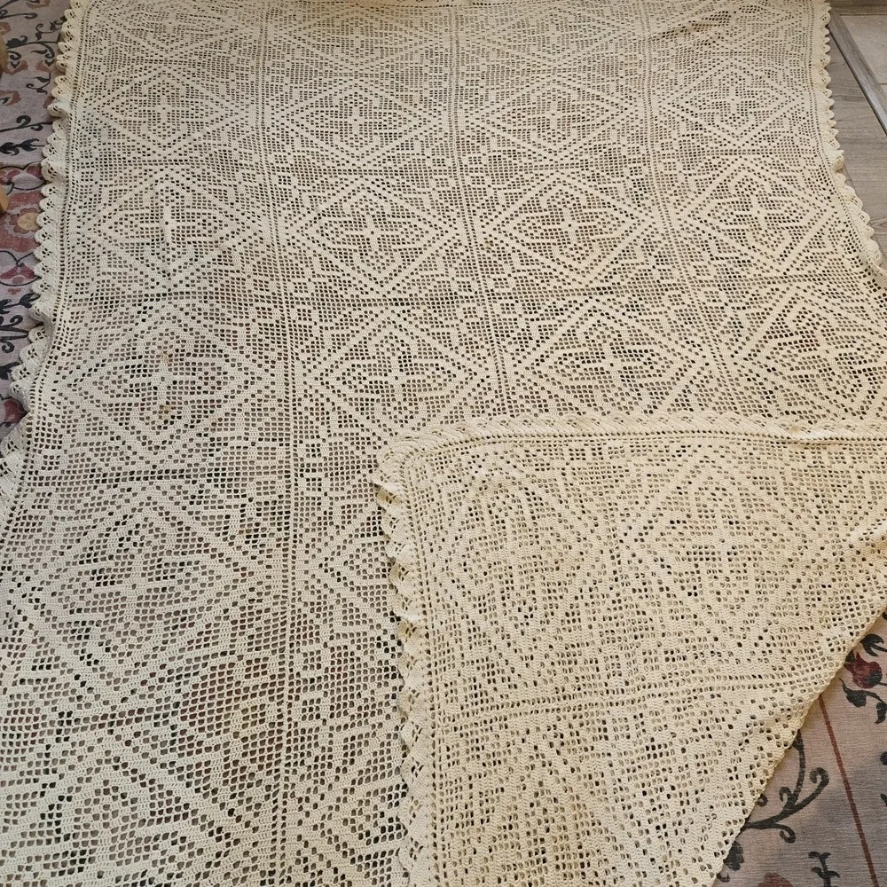 VTG Handmade Crochet Ecru Cotton Bedspread Coverlet‎ Twin XL Bed cover 68x98